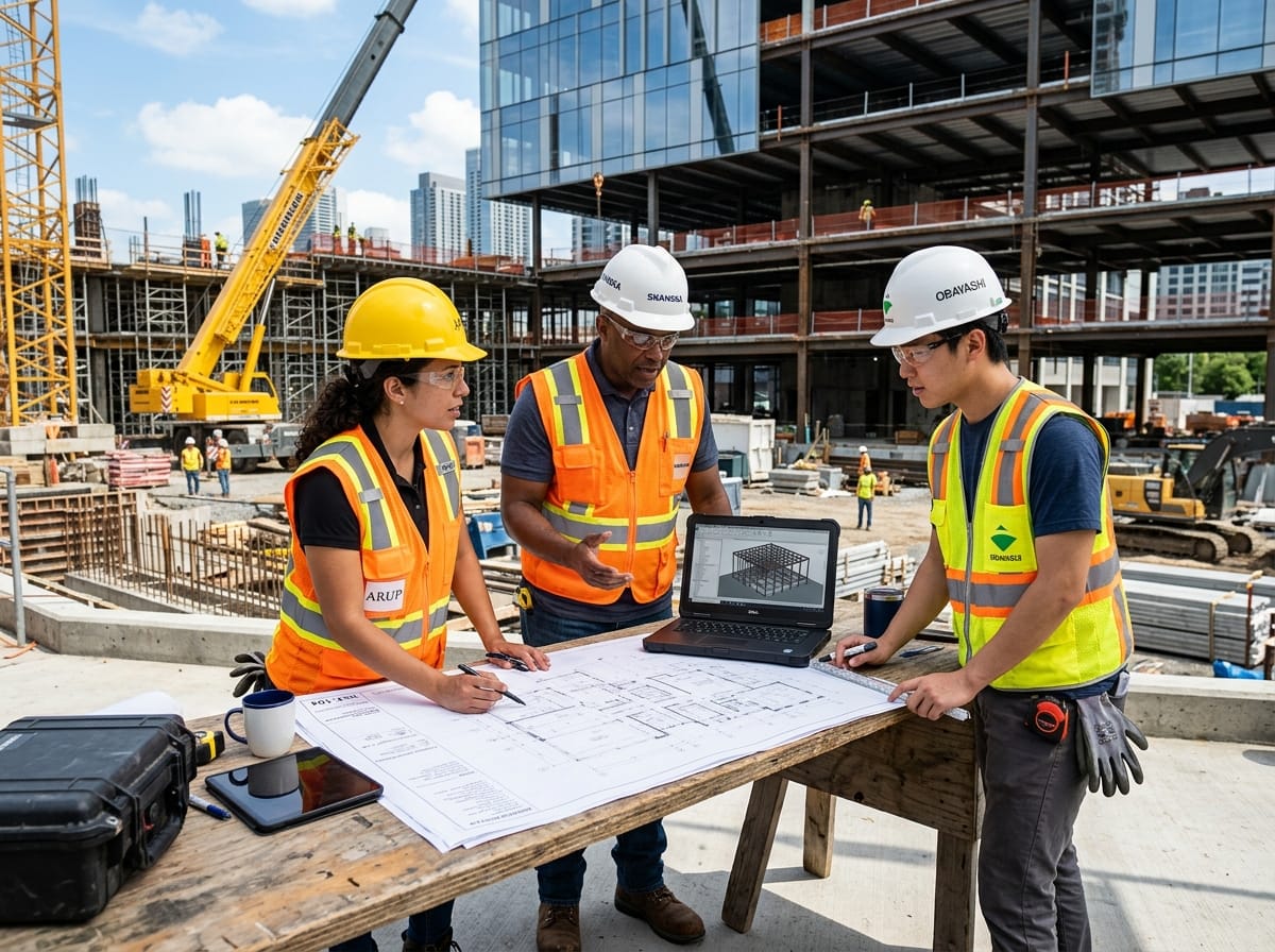 Richa Engineers Reviewing Industrial Shed Blueprints on Site